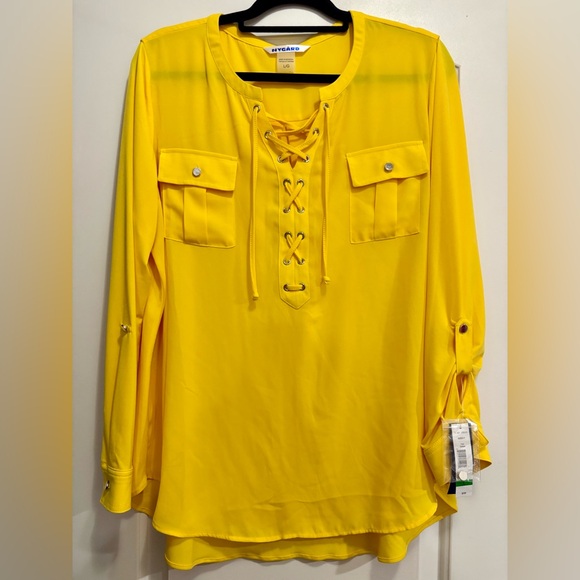 Avenue Tops - Avenue Women's Yellow Lace-Up Blouse